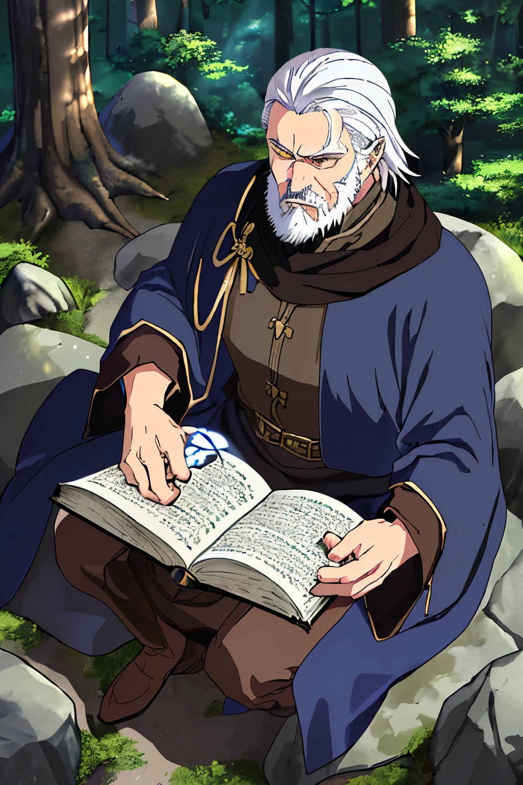 A 60 year old man who is a swordsman. Golden eyes, serious look, white hair combed back, short beard well combed. Dressed in a dark blue outfit and brown cloak. Sitting on a rock in the forest. Reading a book, sword sheathed at his waist. The sun's rays hovering over him.