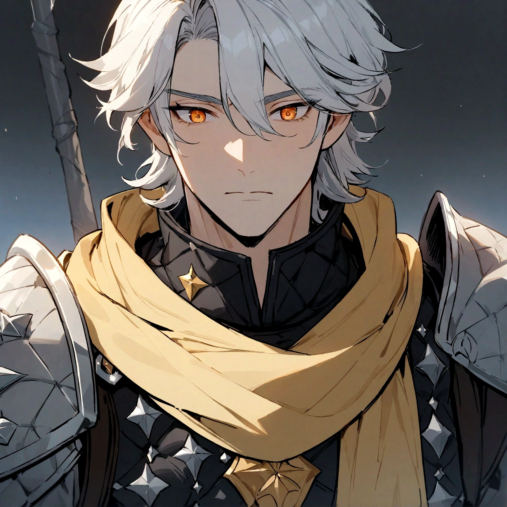 (masterpiece), best quality, expressive eyes, perfect face, Male, dark grey armor, white gambeson, yellow scarf, orange eyes, silver hair, middle part hairstyle, male, holding spear, handsome, genshin style, waist up view, Brigandine, upper body view