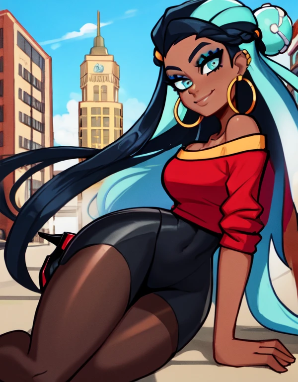 masterpiece, best quality, (Detailed face:1.2), (Detailed eyes:1.2), solo, 1girl, nessacasual, dark skin, makeup, aqua eyes, long hair, black hair, blue hair, aqua hair, multicolored hair, two-tone hair, hair bun, single hair bun, eyeshadow, slim feminine figure, medium breasts, arrogant smile, grey cabbie hat, red shirt, off shoulder, collarbone exposed, cleavage, black lycra short skirt, pantyhose, hoop earrings, black high-heels, hoop earrings, outdoors, city street