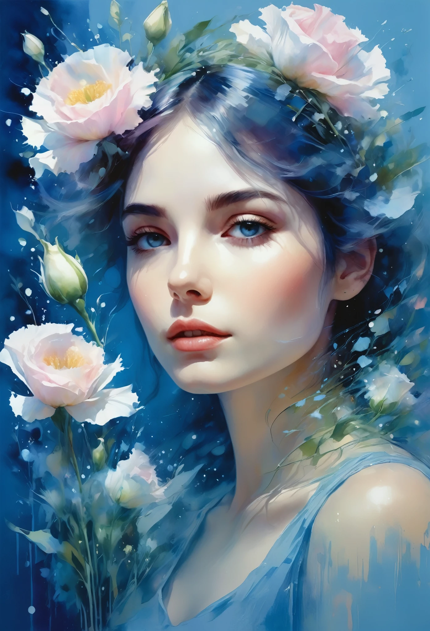 1girl,flower, Lisianthus ,in the style of light blue and cobalt, dreamy and romantic compositions, pale pink, ethereal foliage, playful arrangements,fantasy, high contrast, ink strokes, explosions, over exposure, blue and light blue tone impression , abstract, ((watercolor painting by John Berkey and Jeremy Mann )) brush strokes, negative space, best quality, ultra-detailed, realistic:1.37, portraits, vibrant colors, soft pastel tones, natural lighting.