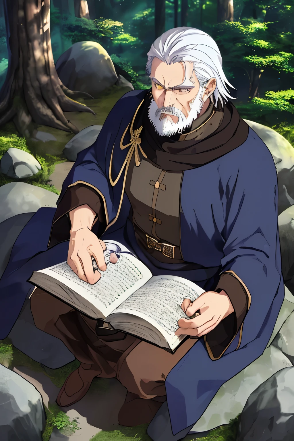 A 60 year old man who is a swordsman. Golden eyes, serious look, white hair combed back, short beard well combed. Dressed in a dark blue outfit and brown cloak. Sitting on a rock in the forest. Reading a book, sword sheathed at his waist. The sun's rays hovering over him.