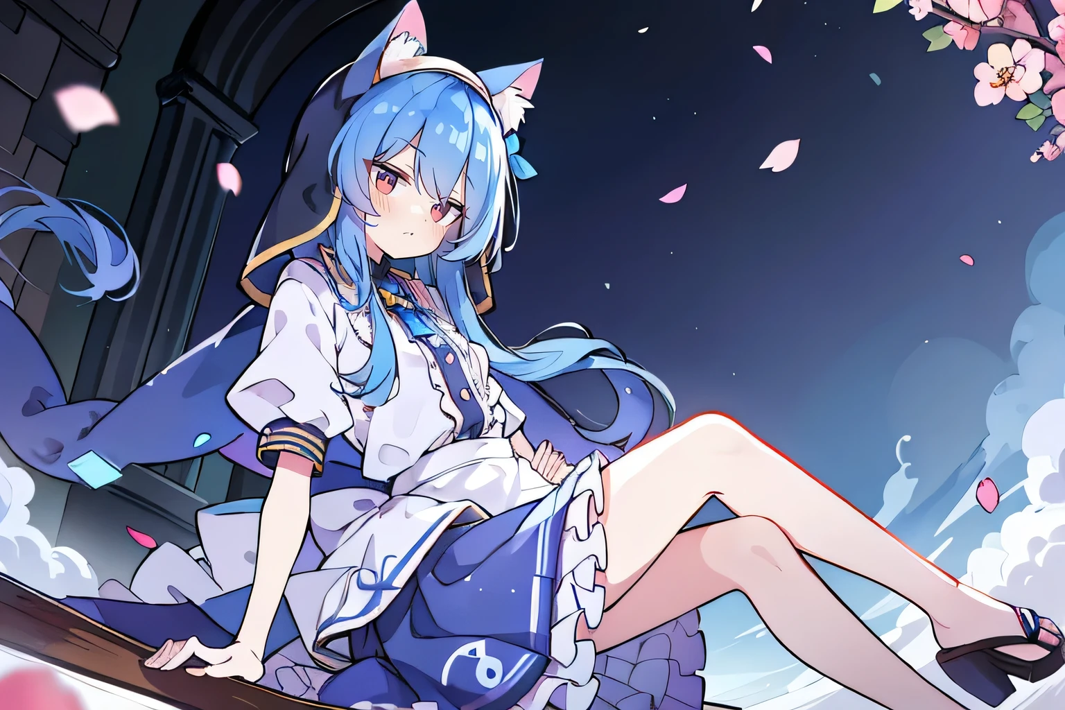 (masterpiece:1.2),Extremely detailed,Practical,expressive eyes,Fair skin,Perfect face shaping,1 Girl,
Japanese cartoons,Gorgeous blue hair, the long flowing blue hair,Floating clothes,Cat ears,Petals fall,beautiful lola,Angel,
Place your hands on your waist,sit elegantly on the ground,Cross your legs,Gentle and peaceful background,stately church,nun.