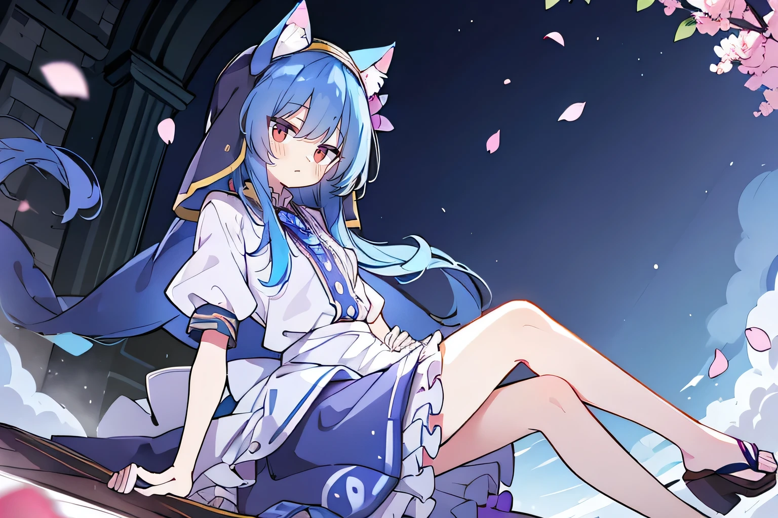 (masterpiece:1.2),Extremely detailed,Practical,expressive eyes,Fair skin,Perfect face shaping,1 Girl,
Japanese cartoons,Gorgeous blue hair, the long flowing blue hair,Floating clothes,Cat ears,Petals fall,beautiful lola,Angel,
Place your hands on your waist,sit elegantly on the ground,Cross your legs,Gentle and peaceful background,stately church,nun.