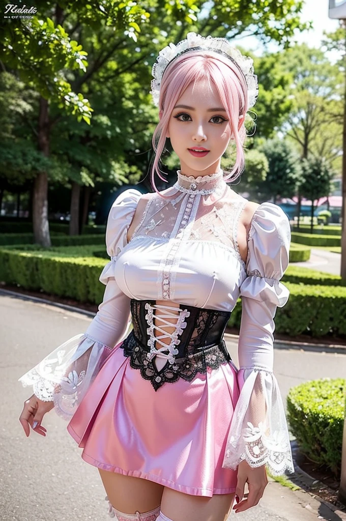 (nsfw), sexy stylish Swedish model, only 1 female, ((doll-like appearance)), short neon pink stylish hair, ((shiny Victorian-Style boots)), (big smile), ultra detailed eyes, vivid eye makeup, lipgloss, long lashes, defined eyebrows, ((sexy Paradise Kiss cosplay)), bell-shaped skirt, petticoats, high neckline, puffed sleeves, ((ultra detailed lace)), ((ultra detailed embroidery)), intricate details, Paradise Kiss accessoires and matching headpiece, choker, ((large sparkling Paradise Kiss jewelry)), cinematic light, detailed large park background with trees