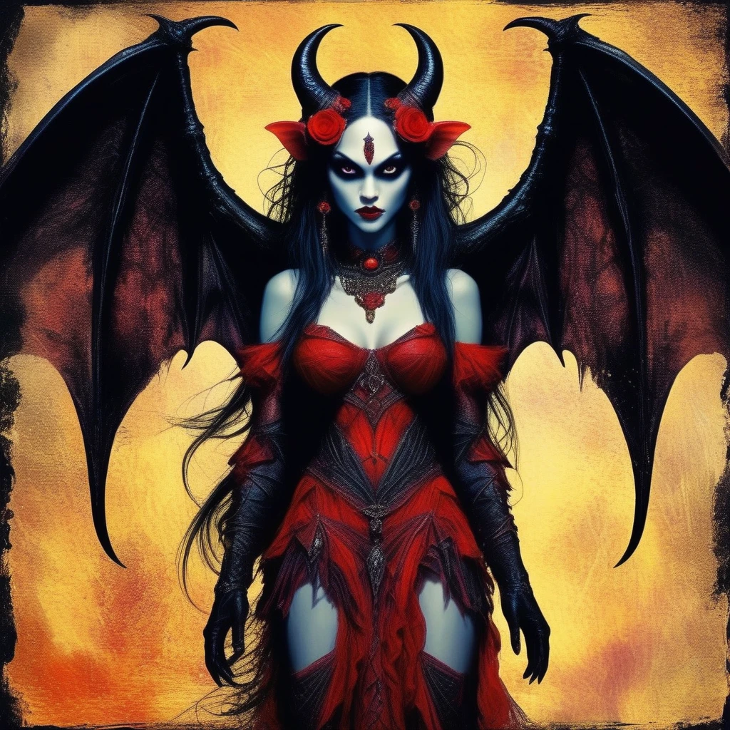 Lilith , a mythical creature female demons,The creature has outstretched wings and appears to be in an aggressive posture or ready to attack a creature with a gothic look, a young woman with bat parts, a bat girl, humanoid and bat creature, dark fantasy with elements of reality, vibrant colors, deep shading.