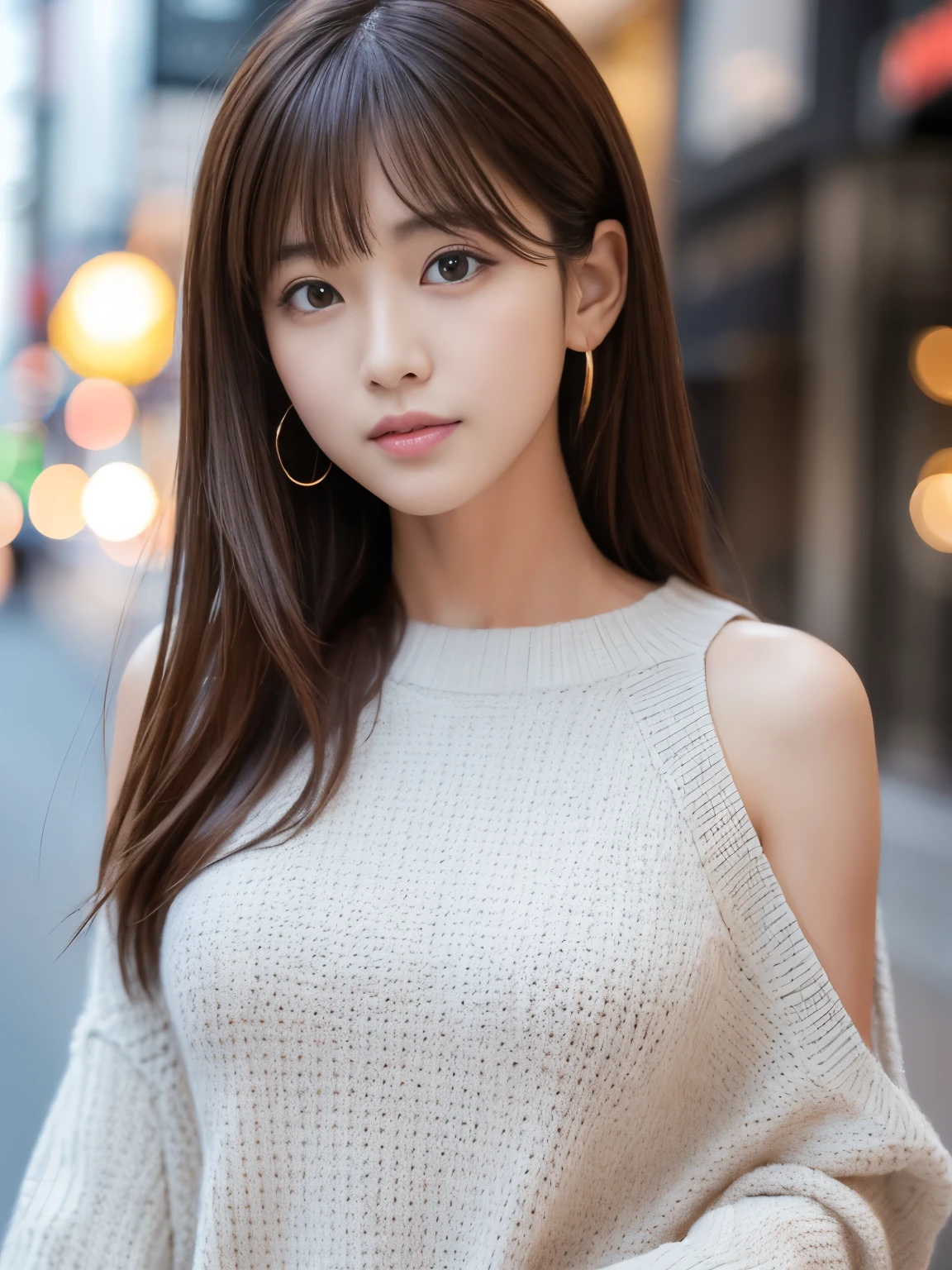 Ultra High Definition, Superior Quality, Premier Quality, ultra detailed, Photorealistic, 8k, RAW Photos, highest quality, masterpiece, Attractive girl, Stunning girl, Brown Hair, Shoulder Length Layered, asymmetrical bangs, K-pop Idol, Sophisticated, Stylish, white knit, Shibuya, 