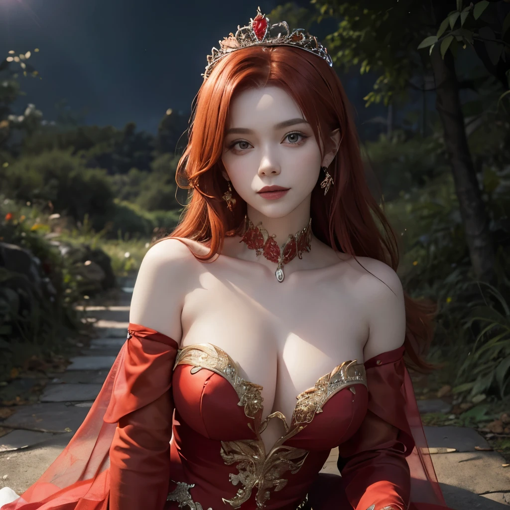 Girl, scarlet red and gold dress, topless, scarlet red hair, tiara, glove, chokes, scarlet red long sleeves, scarlet red veils, ear wear, detailed hand, oval face, detailed face, smile, picture form top to knee, sexy pose, large breasts, look at camera, camera from top, detailed, night, moon, dim lighting, forest background, photorealistic, best quality