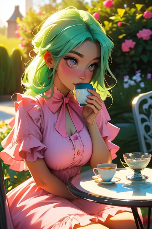 A light green haired woman with pink eyes and an hourglass figure in a pink lolita dress is blushing while drinking tea at a table in a garden