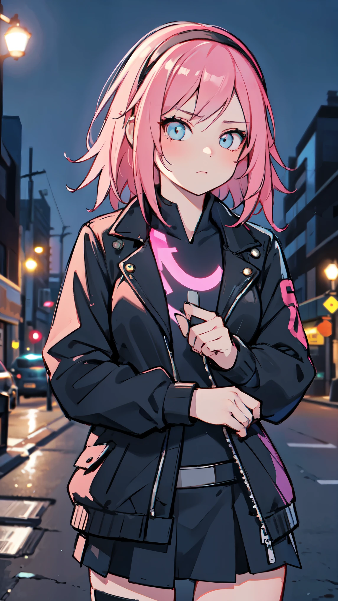 Girl1,pink hair,black jacket,black skirt,(city,in the night,neon),top quality, high precision,beautiful lighting,realistic shade,high precision,(very detailed face and eyes,cowboy shot)