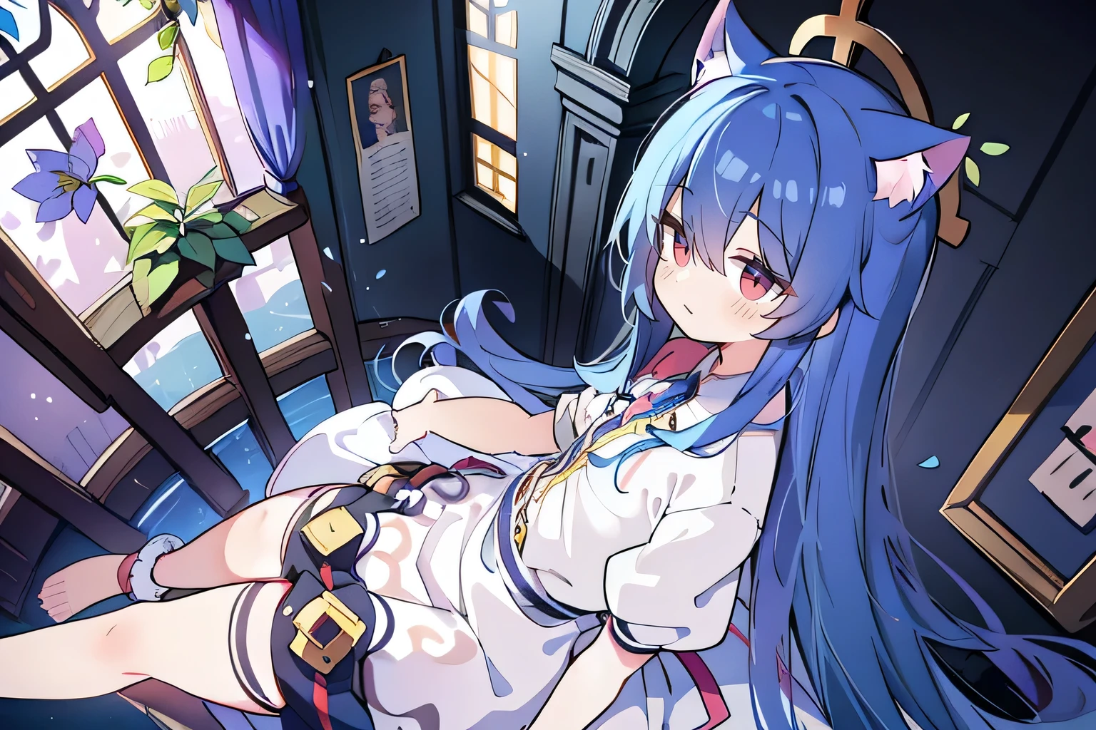 (masterpiece:1.2),Extremely detailed,Practical,expressive eyes,Fair skin,Perfect face shaping,1 Girl,
Japanese cartoons,Gorgeous blue hair, the long flowing blue hair,Floating clothes,Cat ears,Petals fall,beautiful lola,Angel,
Place your hands on your waist,sit elegantly on the ground,Cross your legs,Gentle and peaceful background,stately church,nun.