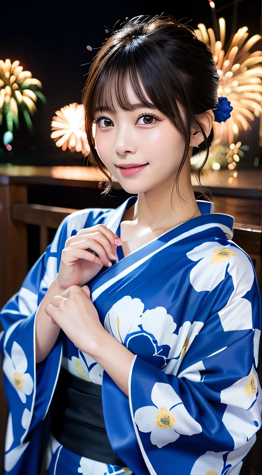 (8k、RAW Photosgraphy、highest quality、masterpiece:1.2)、(Realistic、Photorealistic:1.37)、Ultra-high resolution、One Girl、cute、solo、night、Sitting、date、(Nose redness)、(Laughter:1.1)、(Closed)、huge 、Beautiful Eyes、(short hair:1.2)、(((Fireworks bursting into the sky、night)))、(((kimono、yukata)))、Cleavage、Perfect body、Perfect Fingers、Professional Lighting、Japanese Goddess、gravure、Detailed face and skin texture、Detailed eyes、RAW Photos、The yukata is blue in color