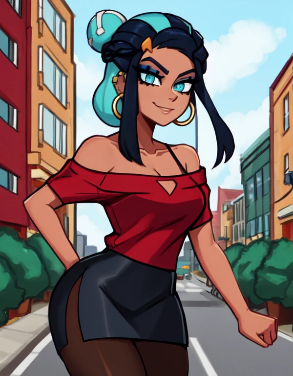 masterpiece, best quality, 12k hdr, (Detailed face:1.2), (Detailed eyes:1.2), solo, 1girl, nessacasual, dark skin, makeup, aqua eyes, short hair, black hair, blue hair, aqua hair, multicolored hair, two-tone hair, hair bun, single hair bun, eyeshadow, slim feminine figure, medium breasts, arrogant smile, grey cabbie hat, red shirt, off shoulder, collarbone exposed, cleavage, black lycra short skirt, pantyhose, hoop earrings, black high-heels, hoop earrings, cowboy shot, cinematic composition, outdoors, city street
