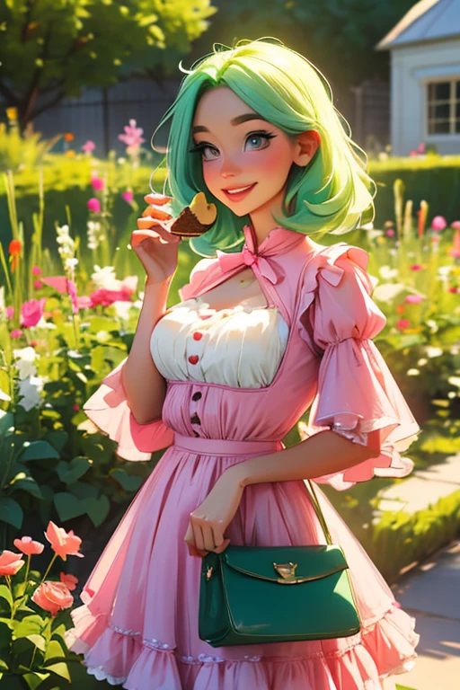 A light green haired woman with pink eyes and an hourglass figure in a pink ta dress is eating a cookie with a smile at the garden