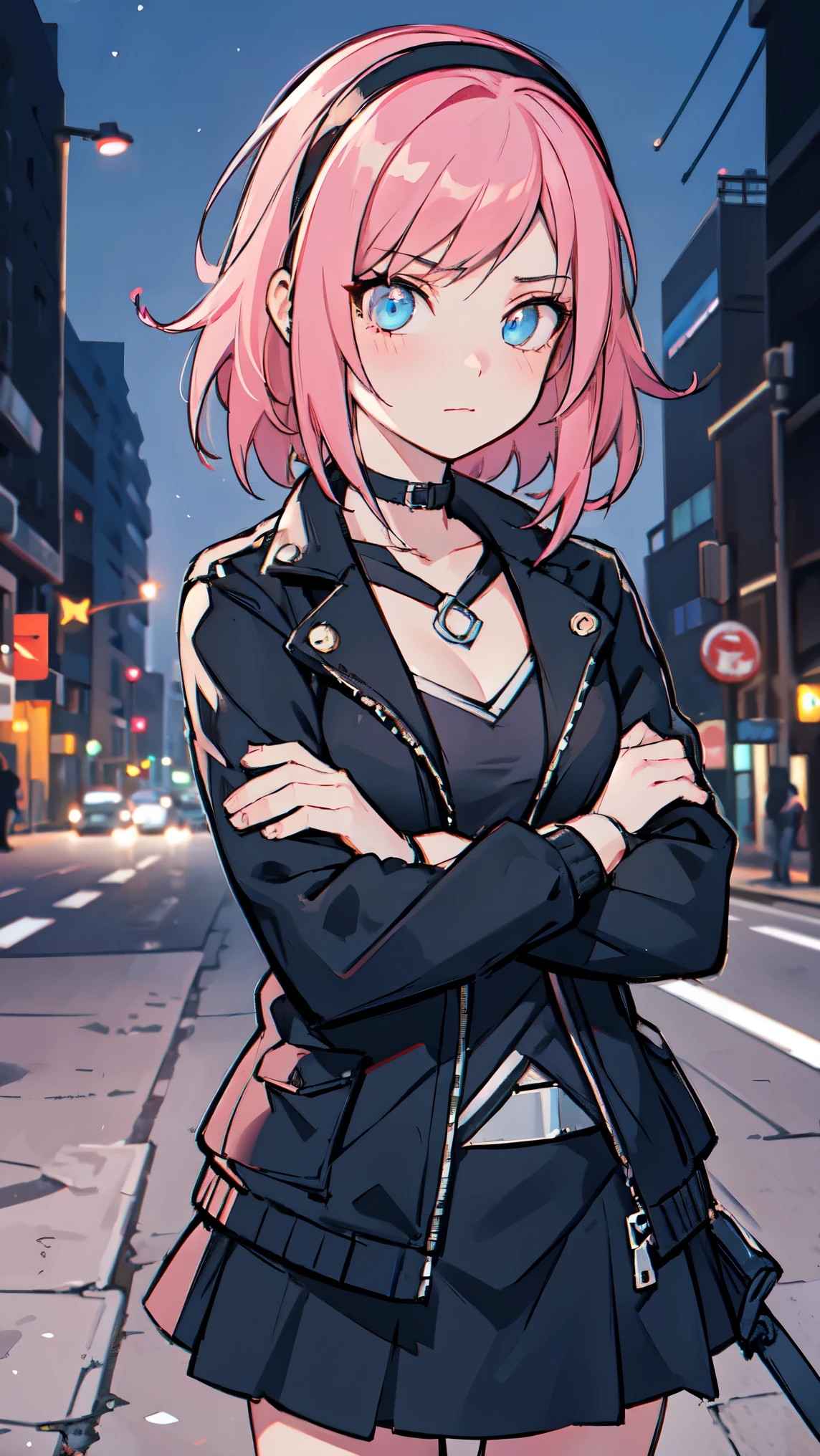 Girl1,pink hair,black jacket,black skirt,(city,in the night,neon),top quality, high precision,beautiful lighting,realistic shade,high precision,(very detailed face and eyes,cowboy shot)