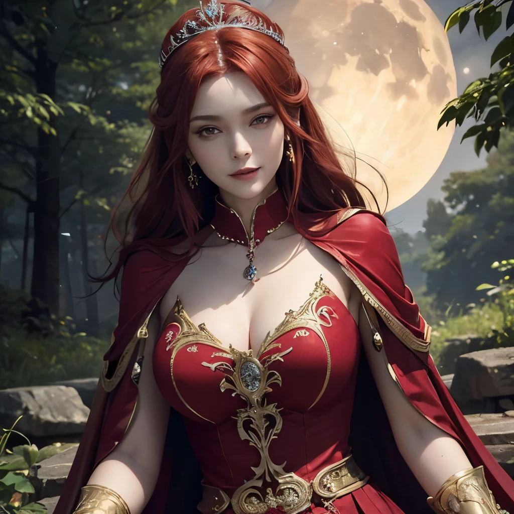 Girl, scarlet red and gold dress, topless, scarlet red hair, tiara, glove, chokes, scarlet red long sleeves, scarlet red veils, ear wear, detailed hand, oval face, detailed face, smile, picture form top to knee, sexy pose, large breasts, look at camera, camera from top, detailed, night, moon, dim lighting, forest background, photorealistic, best quality