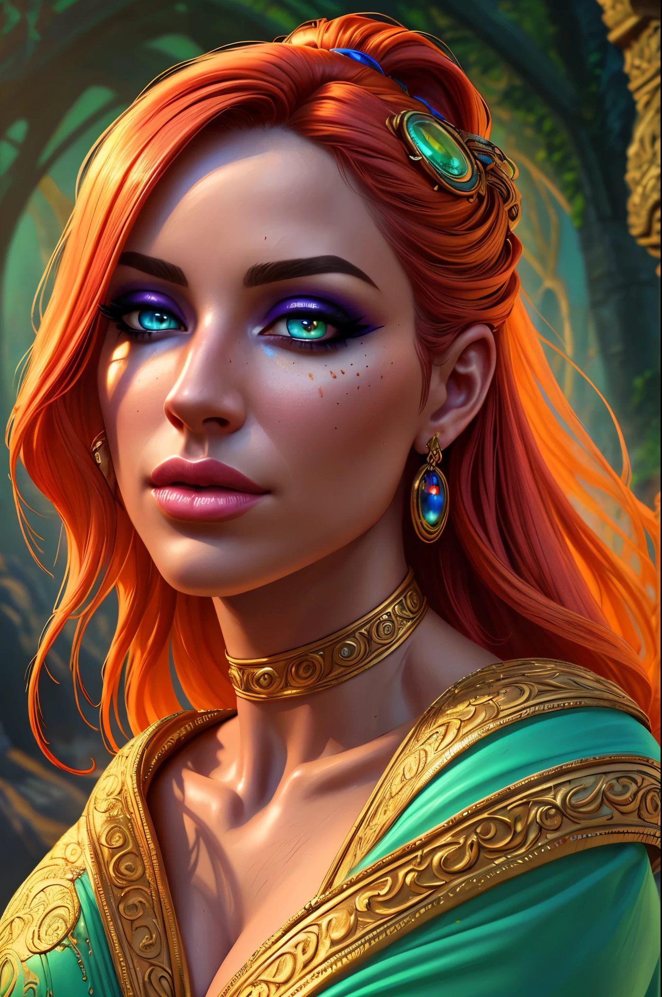 a gorgeous genie, beautiful detailed eyes, beautiful detailed lips, extremely detailed face and features, 1 girl, long flowing hair, colorful and vibrant magical costume, intricate magical accessories, dramatic lighting, ethereal and mystical environment, fantasy landscape, glowing energy, cinematic composition, digital art, highly detailed, photorealistic, (best quality, 4k, 8k, highres, masterpiece:1.2), ultra-detailed, (realistic, photorealistic, photo-realistic:1.37), vibrant colors, dramatic lighting, fantasy, magical realism