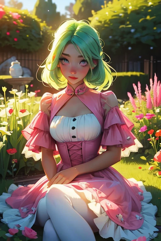 A light green haired woman with pink eyes and an hourglass figure in a pink lolita dress is blushing in a garden
