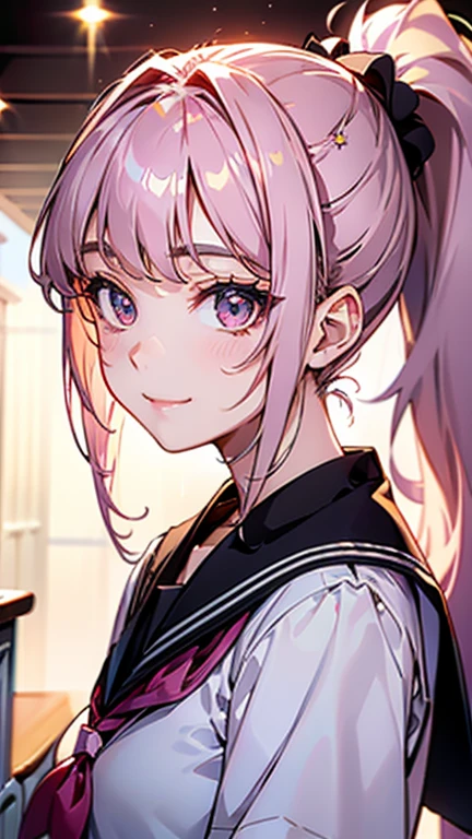High quality, Best quality , masterpiece, Portrait、、Bright expression、ponytail、Young, shiny, white, glossy skin、Gloss Face、Shining Cheek Gloss、Small Face Beauty、The best beauty、The dazzling light of  pink hair、Bright hair with dazzling highlights、Very beautiful shiny hair、super long silky straight hair、Her shiny, beautiful bangs are covering her eyes.、Sparkling, clear, attractive, bright, large, pale silver eyes、Very big eyes、eyeliner、very beautiful lovely cute 16 year old girl、young girl, Ample Bust, upper body , (smile:1.2) , (((school uniform , ponytail )))),in school 