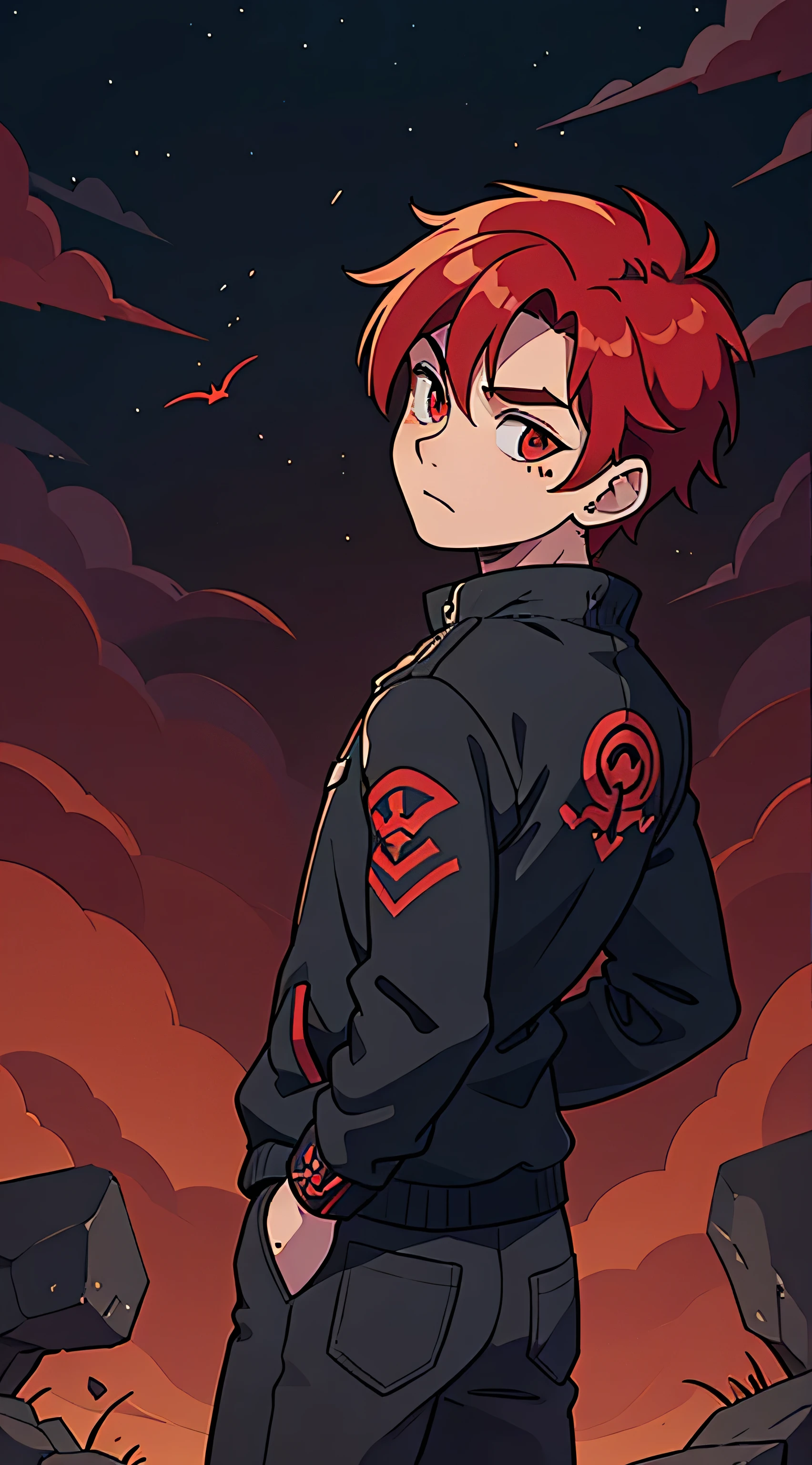 1 male, red haired , wearing a black jacket , night time ,face and neck tattoo , hands in pocket, looking back