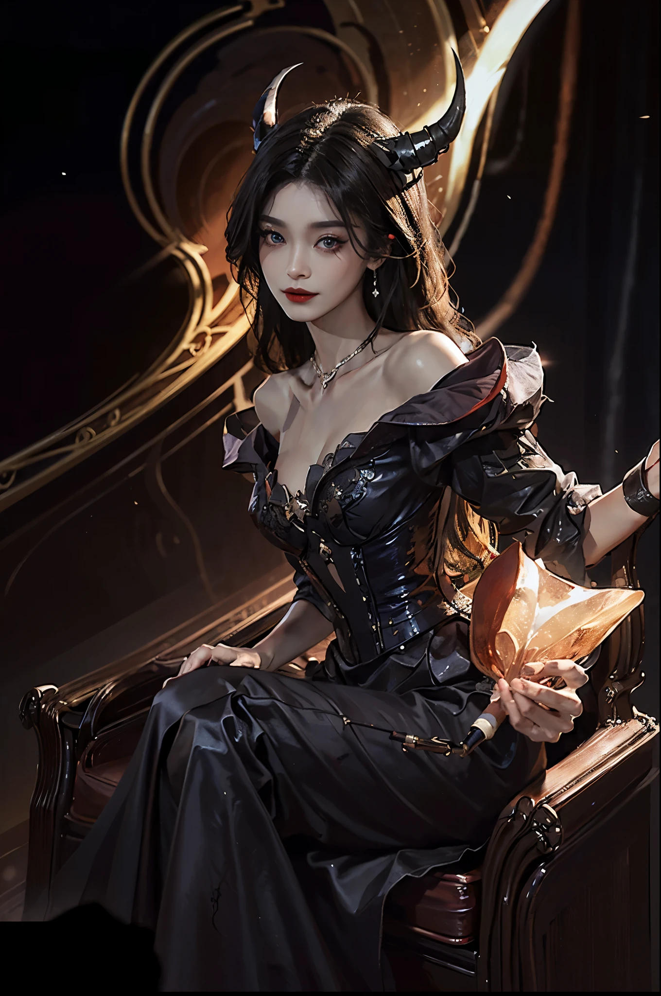 skirt, Beautiful demon woman from hell, (in the darkness: 1.6), 大卫霍克尼和阿尔方斯穆夏的Surrealism女性portrait, Fantasy Art, Korean Doll, Photorealism, Dynamic Lighting, Art Station, poster, Volumetric Lighting, Very rich facial details, 8K, in the darkness, Deep Shadows, low pitch, (Shot in the knee), long hair, Black Hair, Luxurious Palace, Royal style, Demon Crown, The red eye makeup is very vivid and detailed, the most beautiful face, Normal breast, Surrealism, Charming smile, The eye makeup is beautiful, Gurwitz, Devil style, Red-black lips, Shoulder devil tattoo, Gloomy weather，Thunder, (portrait), Close-up of the protagonist, (Background details 1.8),