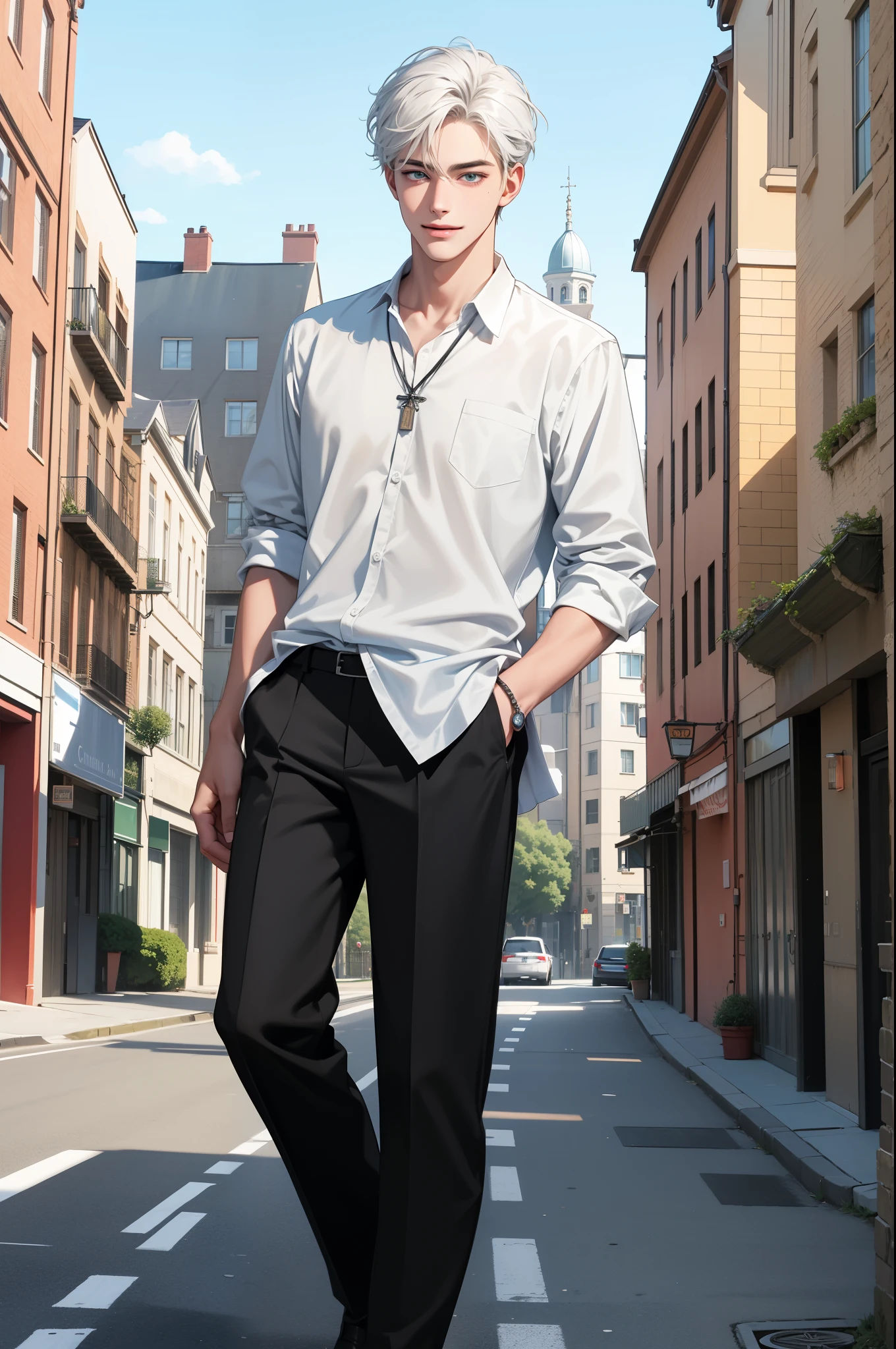 a really cute handsome tall man, age 18, slim, shiny heavenly blue eyes, white lush hair, slightly tanned skin, in a school attire, green pendant, plain adorable look and smile, looking at the viewer, a street in the background, show full body,