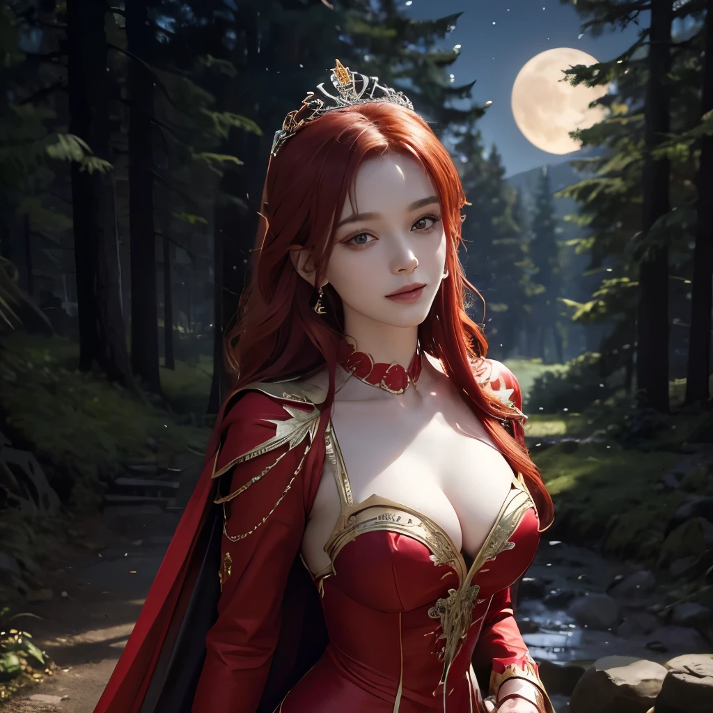 Girl, scarlet red and gold dress, topless, scarlet red hair, tiara, glove, chokes, scarlet red long sleeves, scarlet red veils, ear wear, detailed hand, oval face, detailed face, smile, picture form top to knee, sexy pose, large breasts, fair skin, look at camera, camera from top, detailed, night, moon, dim lighting, forest background, photorealistic, best quality