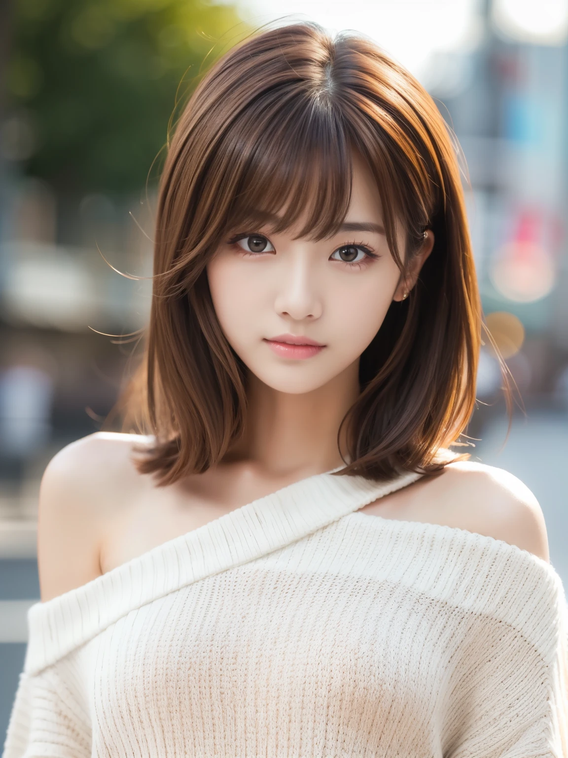 Ultra High Definition, Superior Quality, Premier Quality, ultra detailed, Photorealistic, 8k, RAW Photos, highest quality, masterpiece, Attractive girl, Stunning girl, Brown Hair, Shoulder Length Layered, asymmetrical bangs, K-pop Idol, Sophisticated, Stylish, white knit, Shibuya,