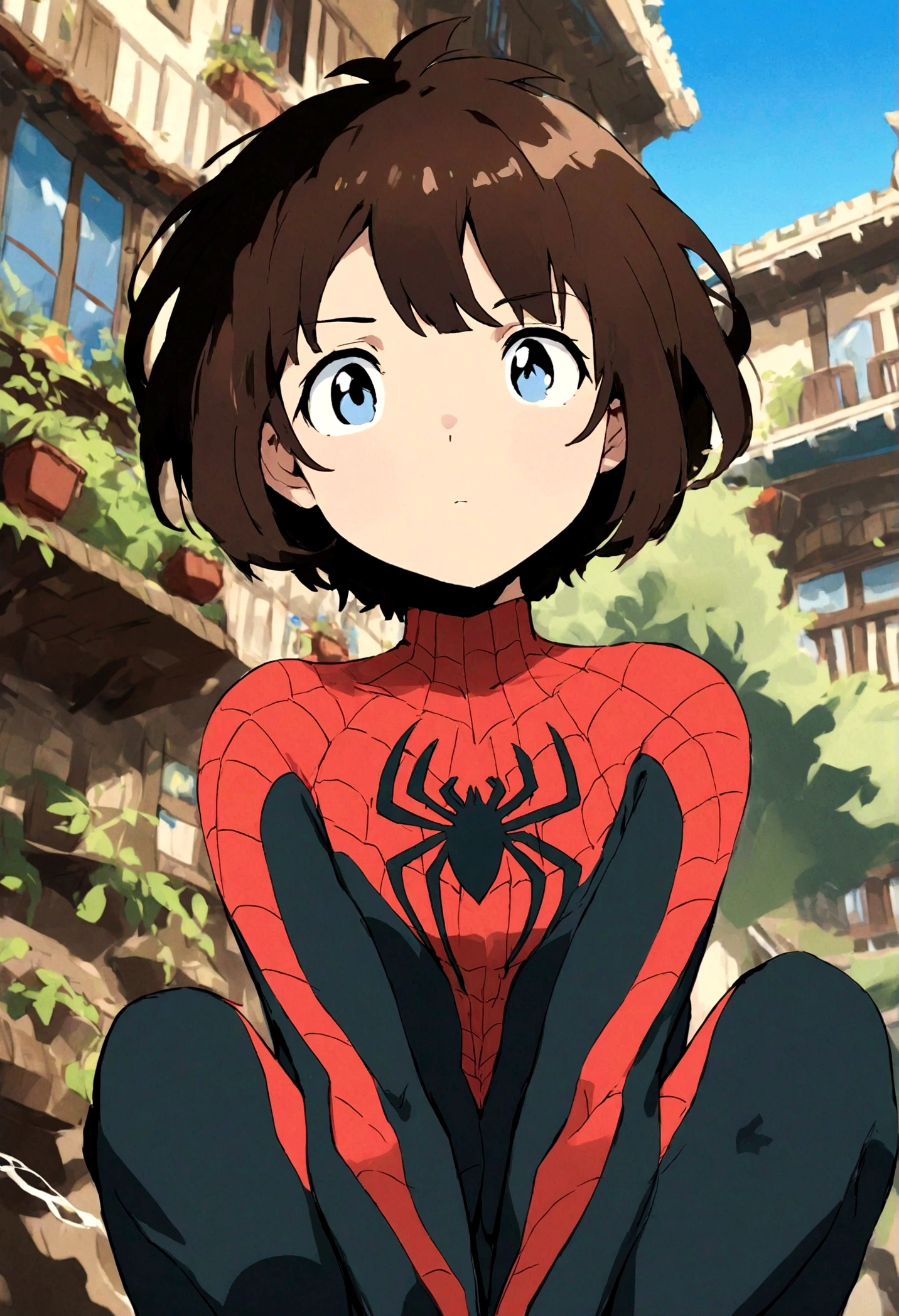 detailed spiderman outfit, cute girl, wavy bob hairstyle, portrait style, torso