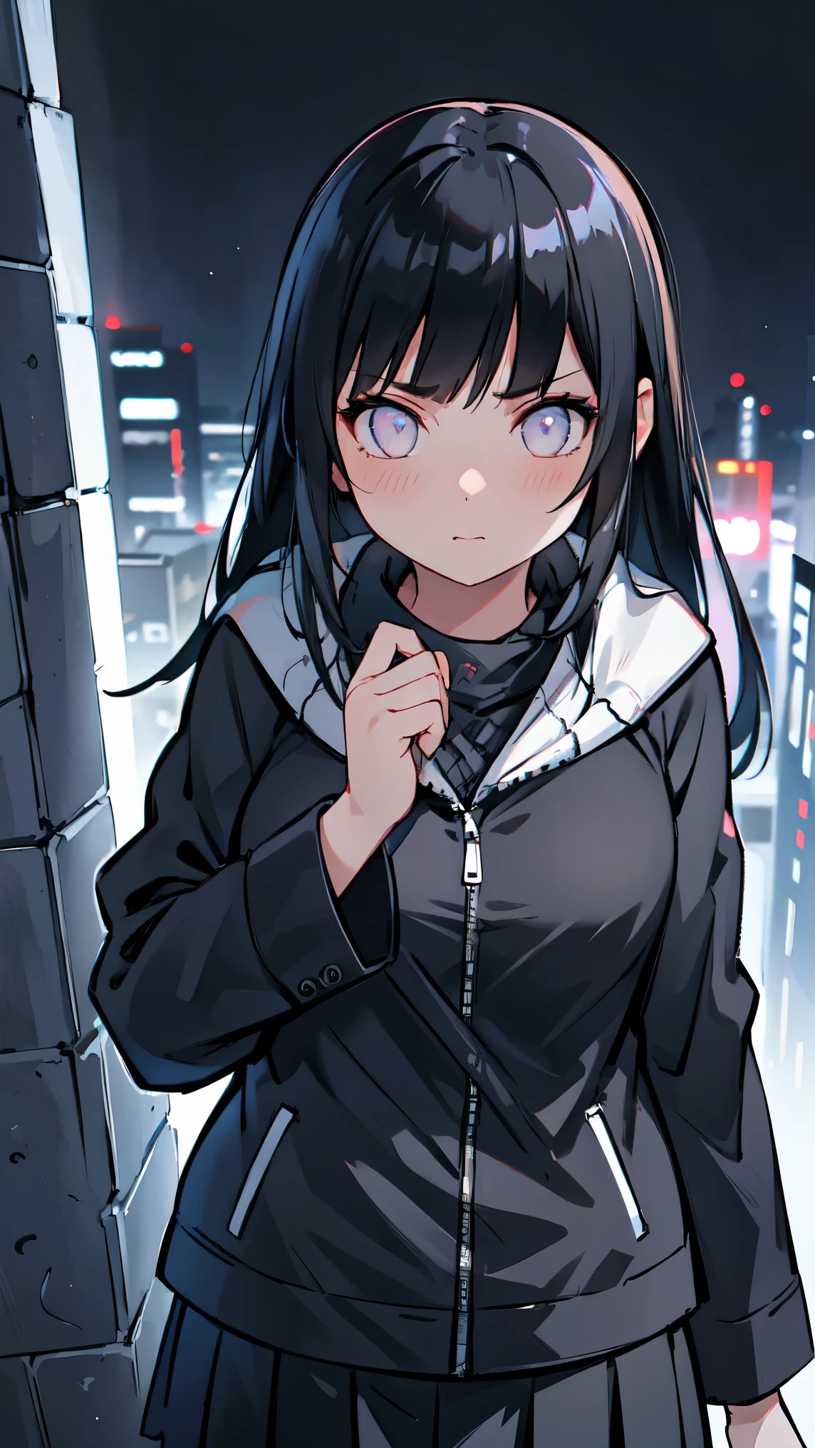 Girl1,black jacket,black skirt,(city,in the night,neon),top quality, high precision,beautiful lighting,realistic shade,high precision,(very detailed face and eyes,cowboy shot)