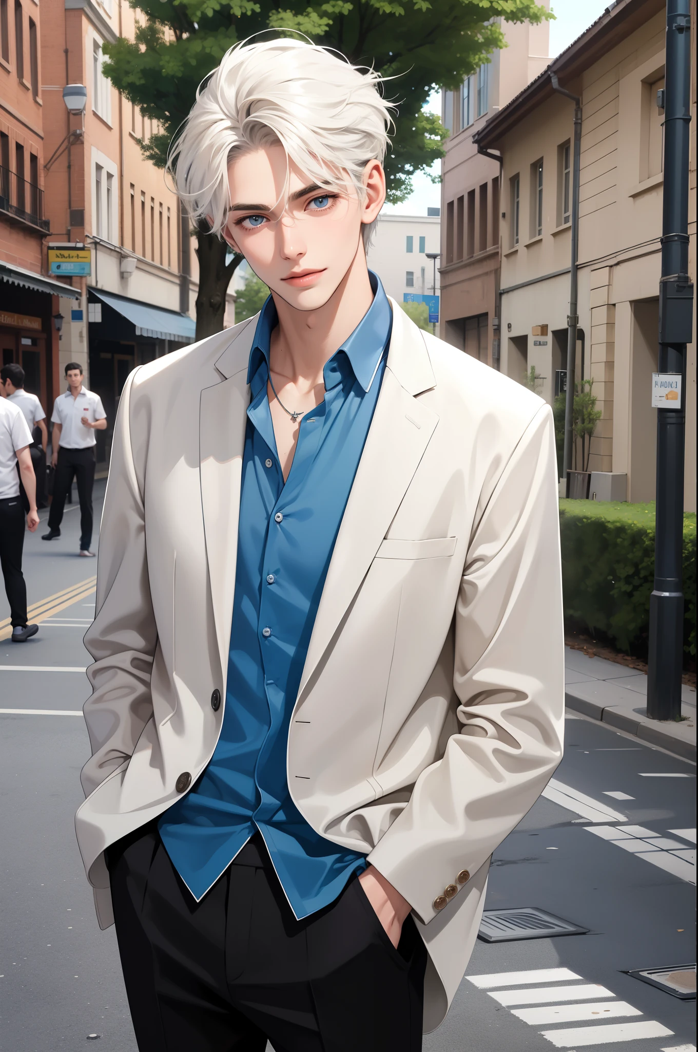 a really cute handsome tall man, age 18, slim, shiny heavenly blue eyes,  white lush hair, slightly tanned skin, in a school attire, green pendant, plain adorable look and smile, looking at the viewer, a street in the background, show full body,

