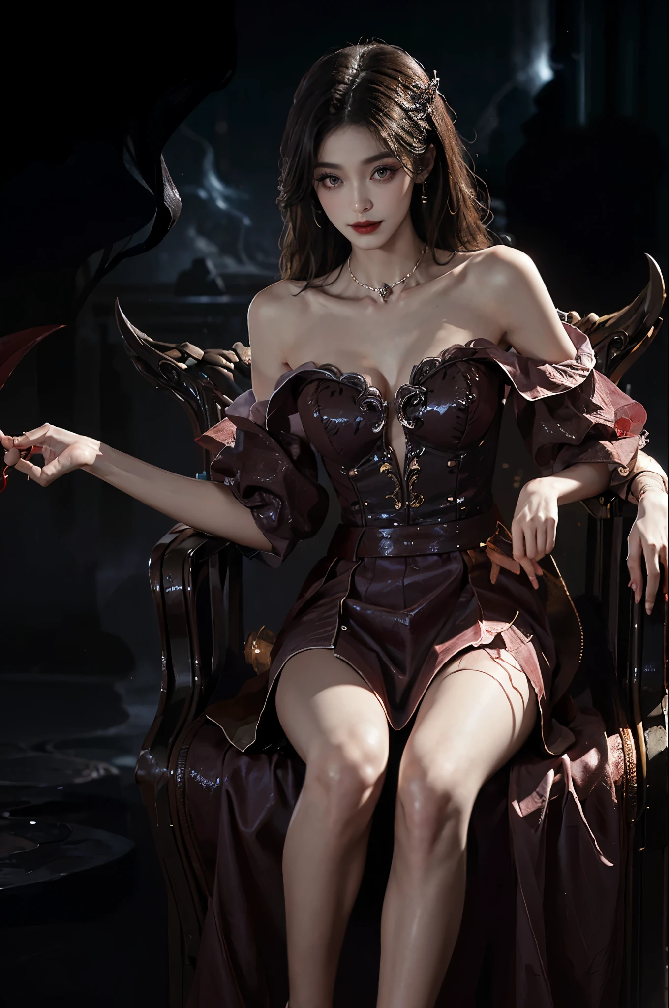 skirt, Beautiful demon woman from hell, (in the darkness: 1.6), 大卫霍克尼和阿尔方斯穆夏的Surrealism女性portrait, Fantasy Art, Korean Doll, Photorealism, Dynamic Lighting, Art Station, poster, Volumetric Lighting, Very rich facial details, 8K, in the darkness, Deep Shadows, low pitch, (Shot in the knee), long hair, Black Hair, Luxurious Palace, Royal style, Demon Crown, The red eye makeup is very vivid and detailed, the most beautiful face, Normal breast, Surrealism, Charming smile, The eye makeup is beautiful, Gurwitz, Devil style, Red-black lips, Shoulder devil tattoo, Gloomy weather，Thunder, (portrait), Close-up of the protagonist, (Background details 1.8),