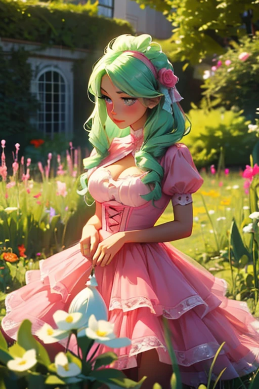 A light green haired woman with pink eyes and an hourglass figure in a pink ta dress is blushing in a garden