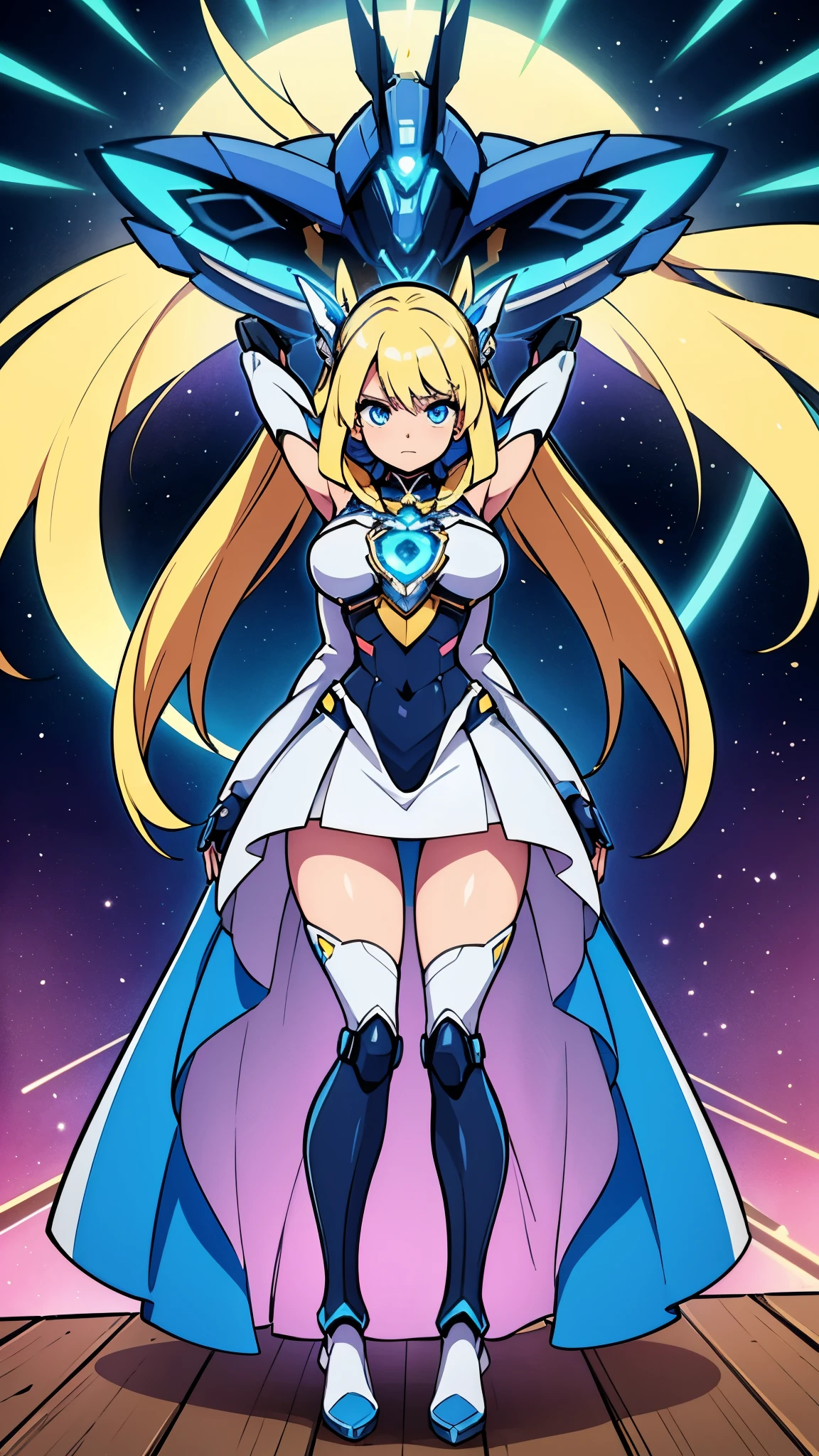 a futuristic mecha style magical girl, long blonde hair, blue eyes, mecha style magical girl dress, highly detailed, intricate mechanical details, glowing energy effects, dynamic pose, cinematic lighting, photorealistic, 8k, hyper detailed