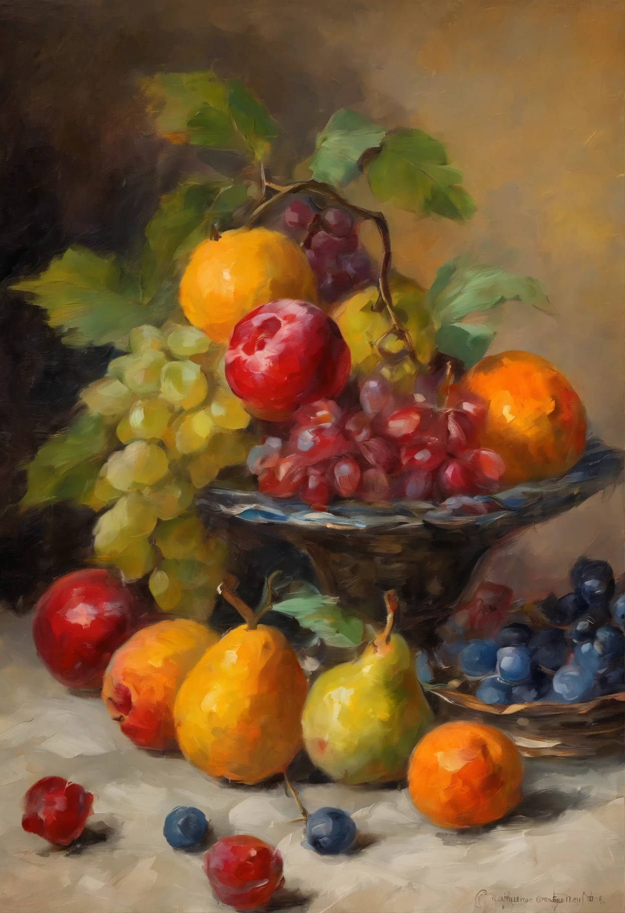 Still life print of vintage fruit painting, pintura antigua, painting from the year 1880