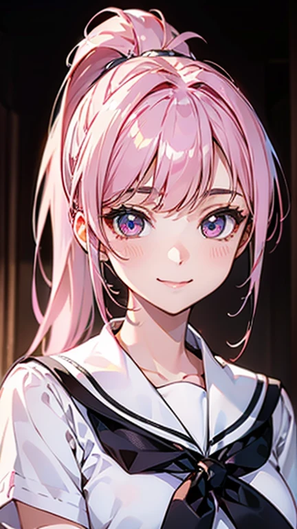 High quality, Best quality , masterpiece, Portrait、、Bright expression、ponytail、Young, shiny, white, glossy skin、Gloss Face、Shining Cheek Gloss、Small Face Beauty、The best beauty、The dazzling light of pink hair、Bright hair with dazzling highlight、super long silky straight hair、Her shiny, beautiful bangs are covering her eyes.、Sparkling, clear, attractive, bright, large, pale silver eyes、Very big eyes、eyeliner、very beautiful lovely cute 16 year old girl、young girl, Ample Bust, upper body , (smile:1.2) , (((school uniform , ponytail )))),in school
