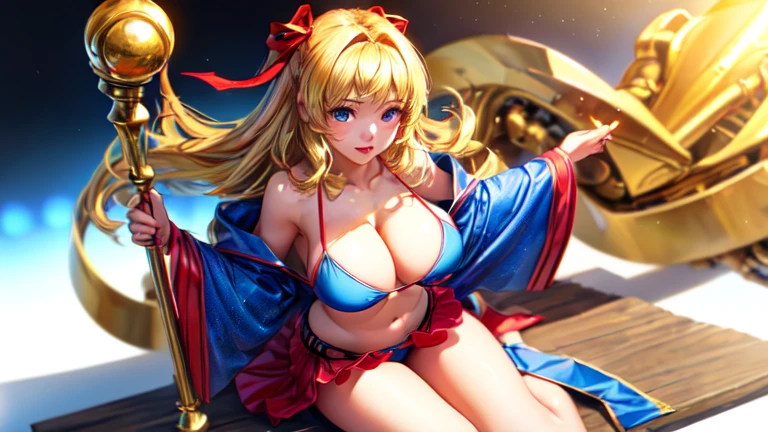 ((best quality)), ((masterpiece)), (detailed), Perfect face,Top quality、Top image quality、masterpiece、girl with((red、18 years old、Lovely woman、Best Bust、Optimal waist-hip ratio，Best body golden ratio,Beautiful light blue eyes、Breasts wide open, Blonde、War campaign,Warlike faces、Bikini，Navel vest、Mechanical skirt、ribbon，丝绸ribbon，high quality、Sitting，beautiful art、Background glow、Depth of Field,movie style，Photorealistic shots