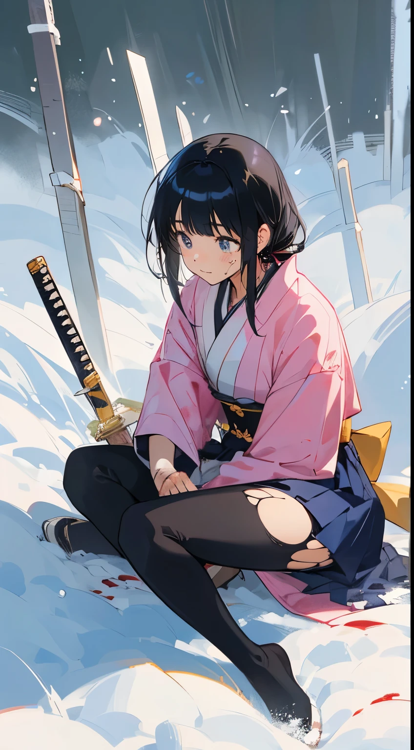 Super detailed, high quality,anime girl in a torn Pink kimono dress, chest guard, navy blue skirt, tights, leg guards, sitting on a snow covered ground, 13years old,Black hair, Hime cut, eyes closed,full body wuxia,((injury)), painful expression,dramatic wielding katana pose, wielding a katana, body(((injury))),all around(((many blood))),8k,nsfw