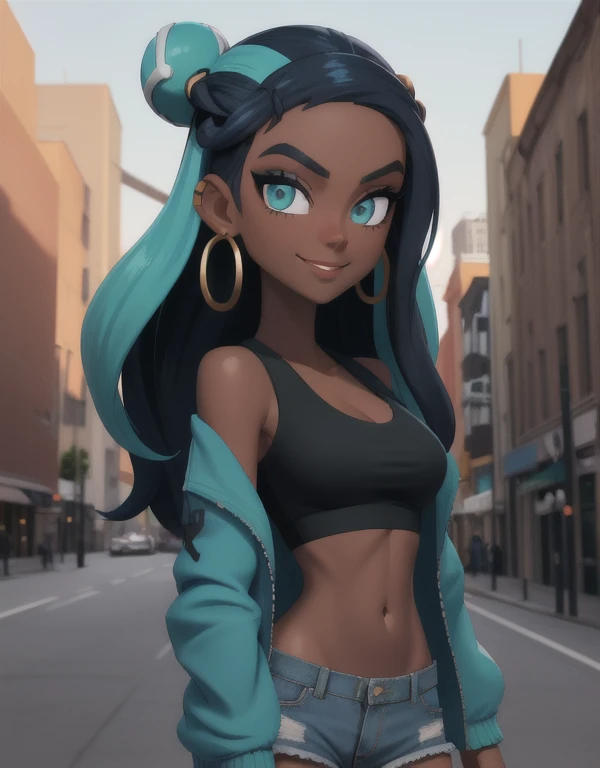 masterpiece, best quality, highly detailed, 12k hdr, (Detailed face:1.2), (Detailed eyes:1.2), 1girl, solo, nessacasual, dark-skinned female, dark skin, blue eyes, aqua eyes, long hair, black hair, blue hair, aqua hair, multicolored hair, two-tone hair, hair bun, single hair bun, eyeshadow, slim feminine figure, medium breasts, arrogant smile, opened blue jacket, black tank-top, ((midriff)), cleavage, denim short-shorts, hoop earrings, cowboy shot, cinematic composition, outdoors, city street