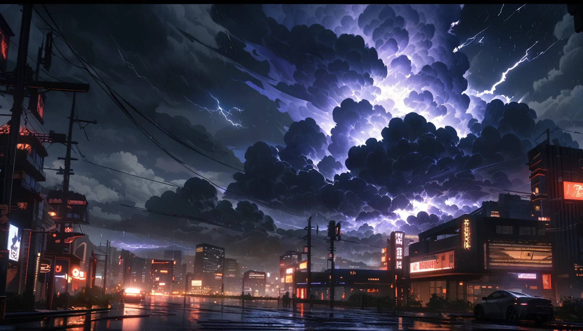 anime aesthetics, anime landscape, city street view, darkened cloudy sky, slight hope in the distance, heavier raindrops, dynamic scene, landscape scenery, dark and intense weather, extremely detailed storm clouds, nearly black sky, thunderstorm starting, thick storm clouds, storm breaking, intense stormclouds, violent stormy weather, extremely ominous skies, thick and heavy ominous clouds, severe cloudy weather, dark storm clouds, cityscape, wide shot, high quality, highres, best quality, award winning, super detail, masterpiece, 8k, 16k