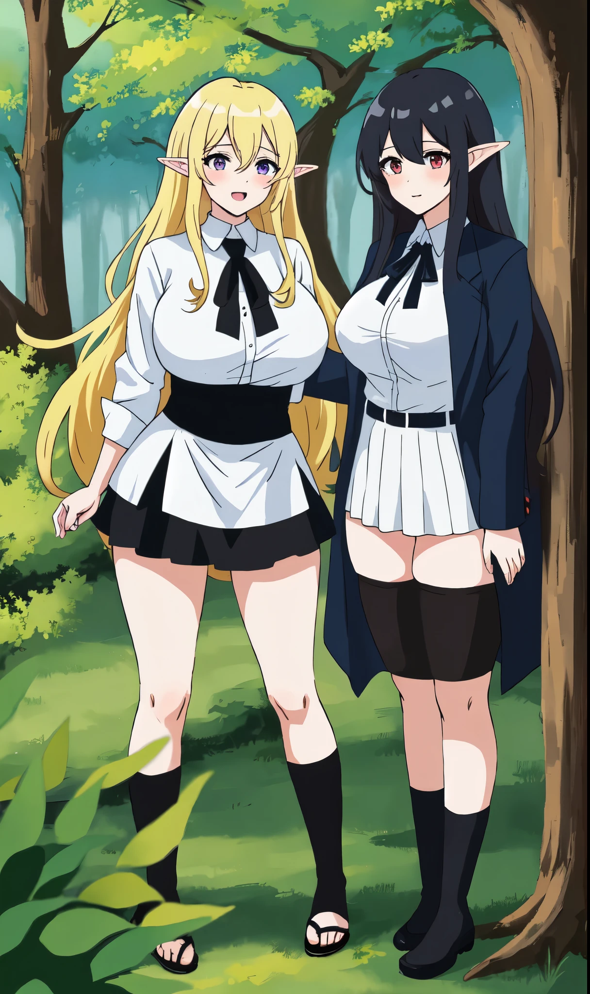 Anime, Beautiful girl with an adult figure,Two women, office worker uniforms, extra large breasts, blonde hair,blue eyes, long hair,elf, long hair,red eyes, black hair, black white long sleeve shirt, black short skirt, Wrap up your skirt.,Not wearing underwear,stand together, Standing to pee,worm, มีwormแมลงวันชอนไชออกมาจากอวัยวะเพศ, NSFW,forest background,There's a strange tree.,
