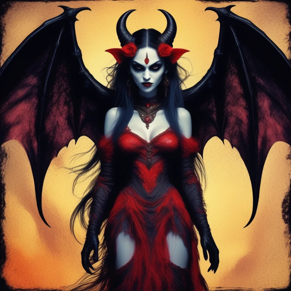 Lilith , a mythical creature female demons,The creature has outstretched wings and appears to be in an aggressive posture or ready to attack a creature with a gothic look, a young woman with bat parts, a bat girl, humanoid and bat creature, dark fantasy with elements of reality, vibrant colors, deep shading.