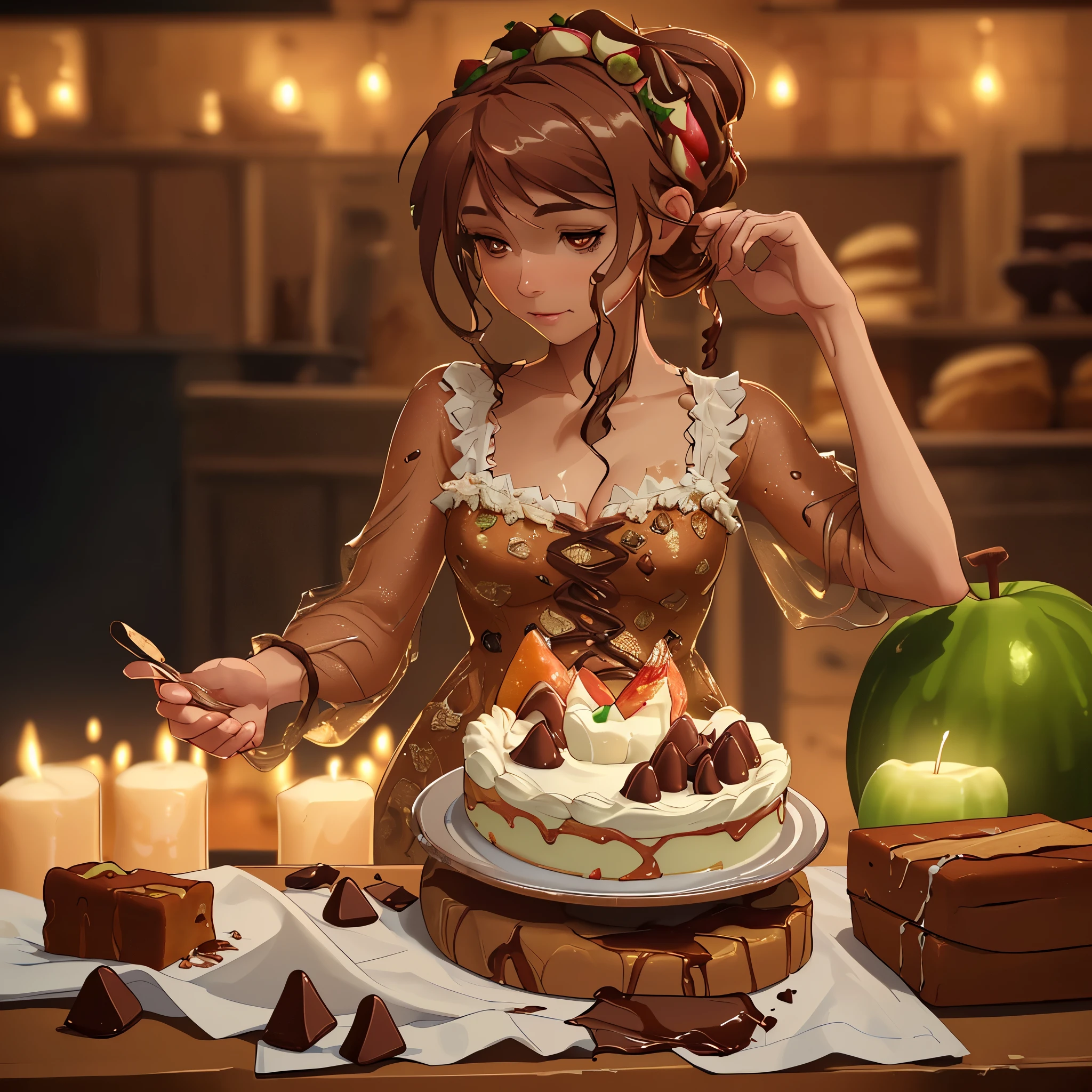 a beautifully detailed cake with zucchini, bacon, chocolate chips, caramel syrup, and apples, arranged artfully on a woman's body, highres, 8k, photorealistic, extremely detailed, intricate details, warm lighting, soft focus, natural colors, bakery, still life, food photography
