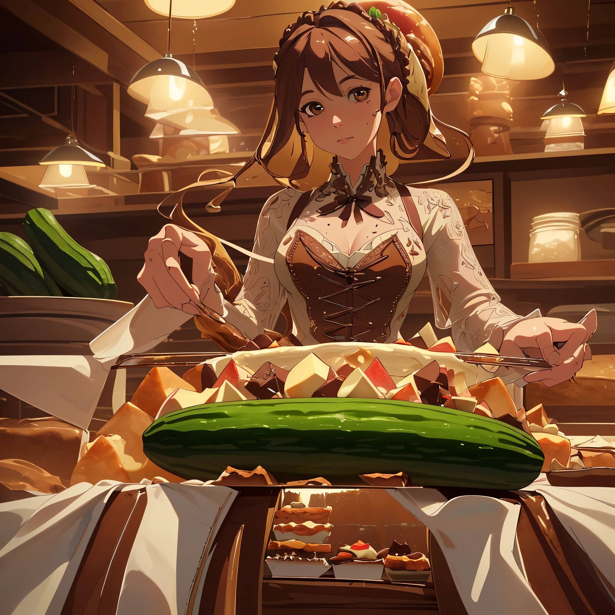 a beautifully detailed cake with zucchini, bacon, chocolate chips, caramel syrup, and apples, arranged artfully on a woman's body, highres, 8k, photorealistic, extremely detailed, intricate details, warm lighting, soft focus, natural colors, bakery, still life, food photography