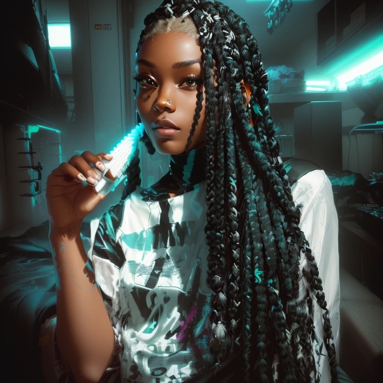 there is a woman with long white hair holding a toothbrush, black hair in braids, box braids, long black braids, long braids, long black braided hair, long black braided hair, long braided hair on top of head, trancinhas longas, braids, cornrows braids, braids in hair, black white faded braided hair, twisted braids, white braids, cyberpunk, garota cyberpunk