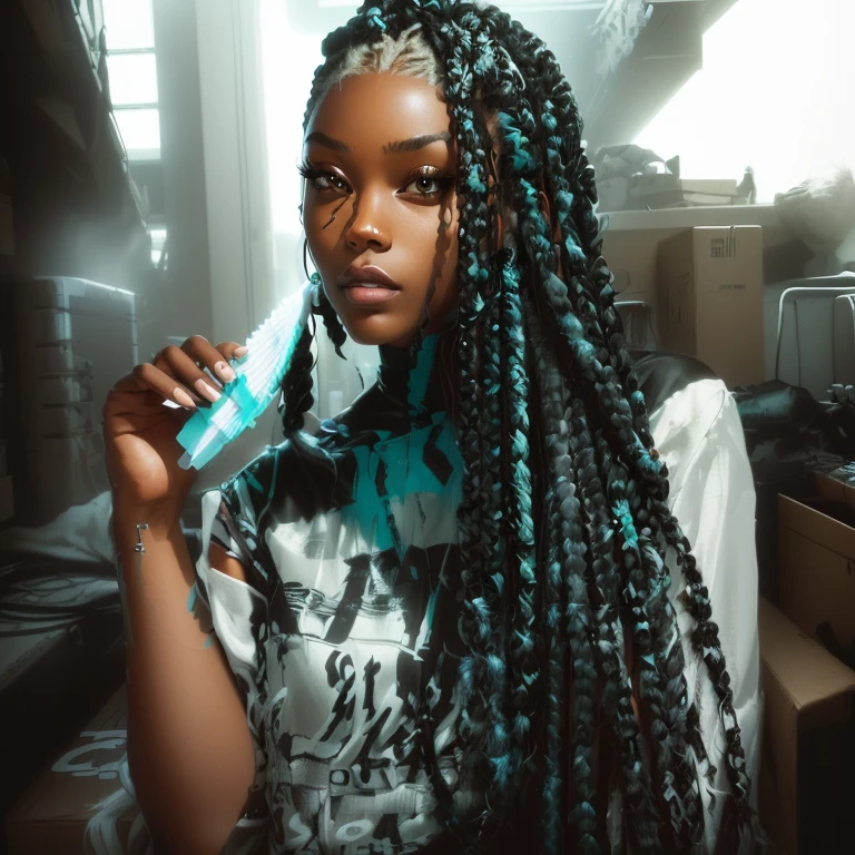 there is a woman with long white hair holding a toothbrush, black hair in braids, box braids, long black braids, long braids, long black braided hair, long black braided hair, long braided hair on top of head, trancinhas longas, braids, cornrows braids, braids in hair, black white faded braided hair, twisted braids, white braids, cyberpunk, garota cyberpunk