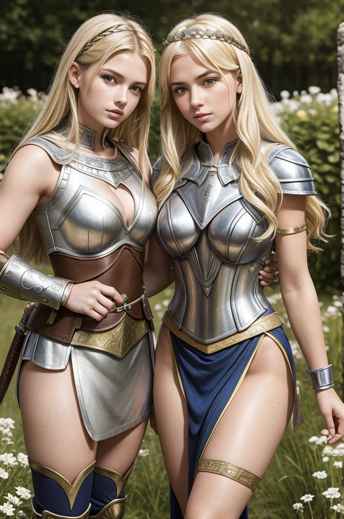 mother and daughter portrait break: mature woman, roman warrior, queens blade , middle age, blonde, detailed face, curvy, fighter position, background in uk land break:  girl, roman warrior, princess blade , 13 yenager girl, small breasts, mini cropped, valkyrian princess ,blonde, detailed face, beautiful, confiant, background in uk land with flowers, soft lesbians
