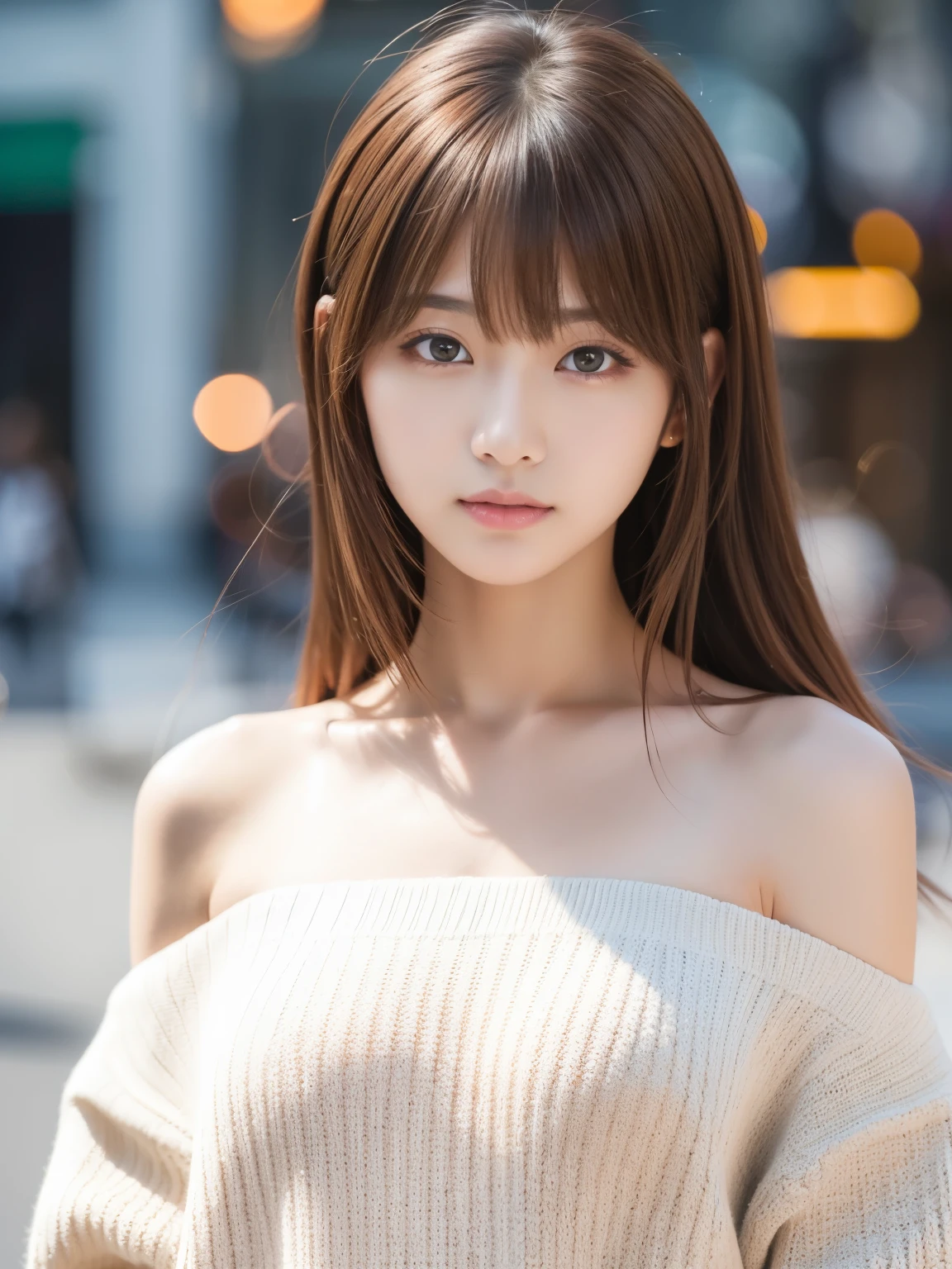 Ultra High Definition, Superior Quality, Premier Quality, ultra detailed, Photorealistic, 8k, RAW Photos, highest quality, masterpiece, Attractive girl, Stunning girl, Brown Hair, Shoulder Length Layered, asymmetrical bangs, K-pop Idol, Sophisticated, Stylish, white knit, Shibuya, 