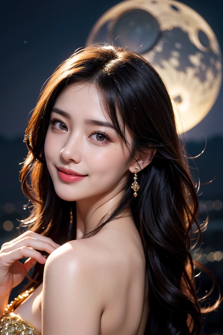 Beautiful woman,Body Portrait、8k,Beautiful and beautiful eyes,Dindal effect、masterpiece, 最high quality, high quality, High resolution、Very detailed photos、(Natural skin texture、Fine skin、Hyperrealism、Ultra Sharpness)、Skin with attention to detail、(Very detailed、Fine skin texture、Intricate details、Beautiful Face、(A vivid face)、Realistic eyes、Beautiful and detailed、Realistic Skin、Beautiful Skin、Surreal、Very detailed、Golden Ratio、With a smile、((Night moonlight background))、Body Portrait、G-Cup、Big Breasts,glamorous,