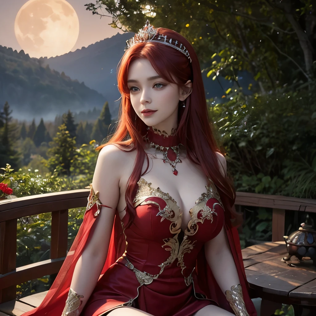 Girl, scarlet red and gold dress, topless, scarlet red hair, tiara, glove, chokes, scarlet red long sleeves, scarlet red veils, ear wear, detailed hand, oval face, detailed face, smile, picture form top to knee, sexy pose, large breasts, fair skin, look at camera, camera from top, detailed, night, moon, warm lighting, forest background, photorealistic, best quality