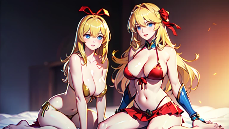 ((best quality)), ((masterpiece)), (detailed), Perfect face,Top quality、Top image quality、masterpiece、girl with((red、18 years old、Lovely woman、Best Bust、Optimal waist-hip ratio,Best body golden ratio,Beautiful light blue eyes、Breasts wide open, Blonde、War campaign,Warlike faces、Bikini,Navel vest、Mechanical skirt、ribbon,丝绸ribbon,high quality、Sitting,beautiful art、Background glow、Depth of Field,movie style,Photorealistic shots